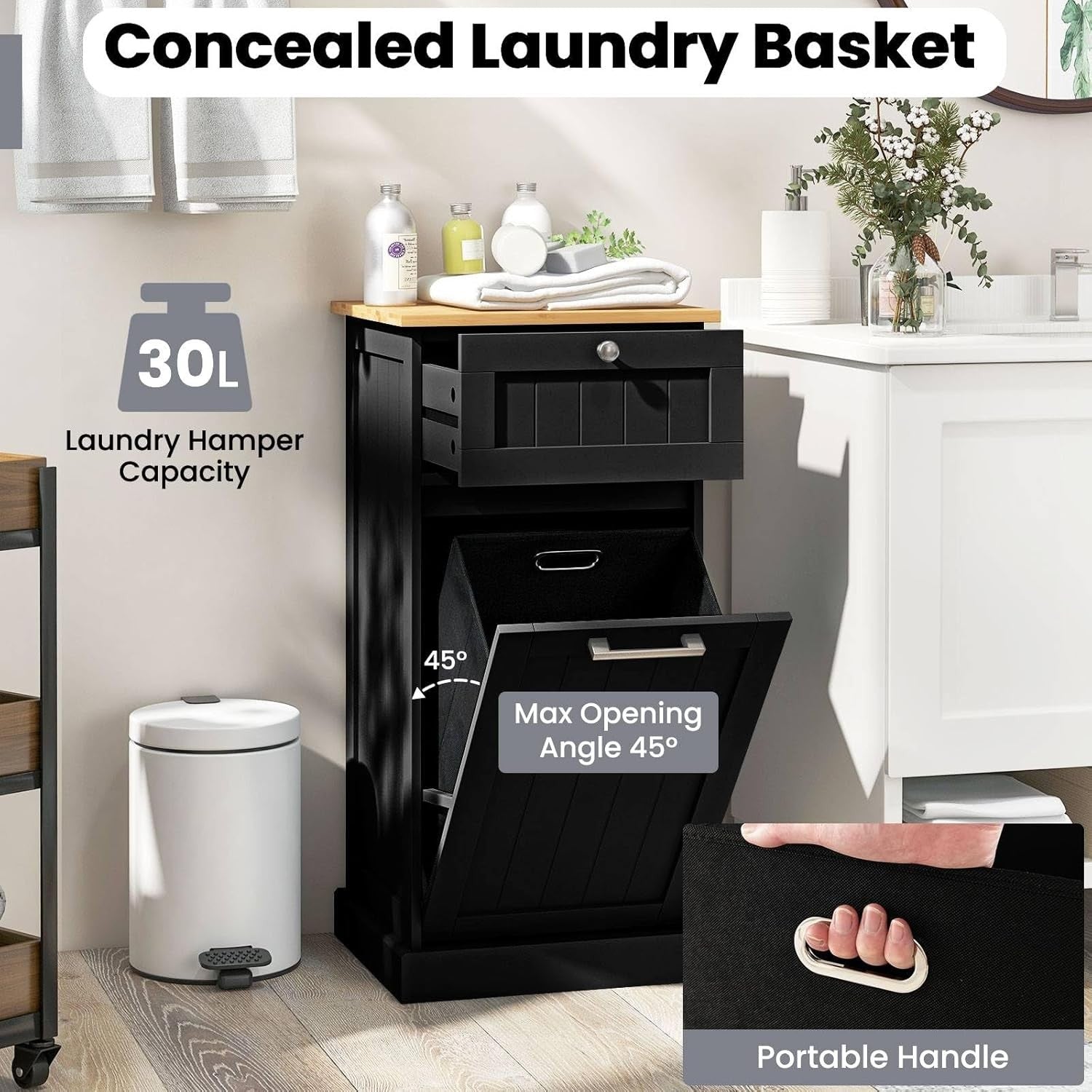 Black Tilt-Out Laundry Hamper Cabinet with Drawer 30L Basket Bathroom Unit