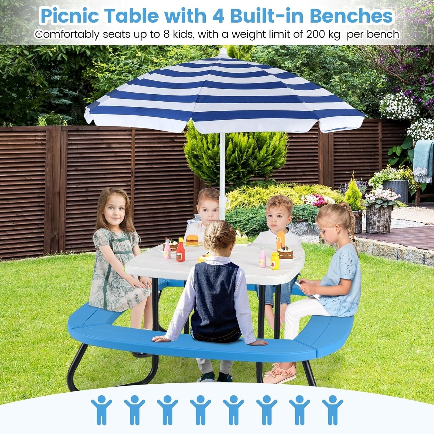 Kids Picnic Table Set 8-Seater with Adjustable Umbrella, Outdoor Garden Fun