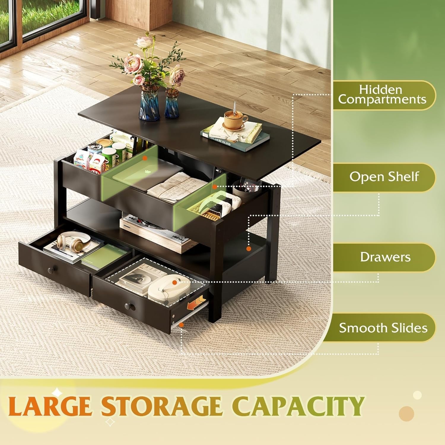 Lift Top Coffee Table with Storage Drawers & Hidden Compartment 100x50cm Black