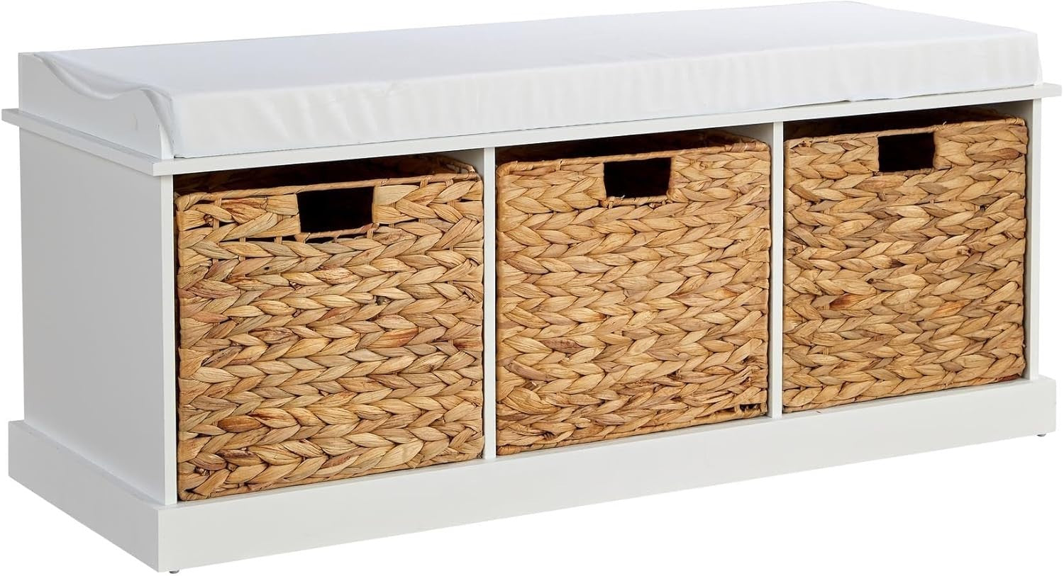 White Shoe Bench with Cushion & 3 Basket Drawers Hallway Storage 110x40x46cm