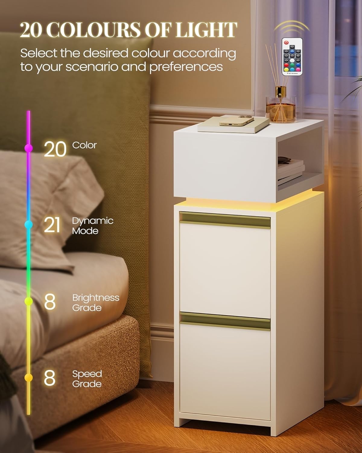 Modern LED Bedside Tables Set of 2 with Drawers & Open Shelf – Slim Nightstands