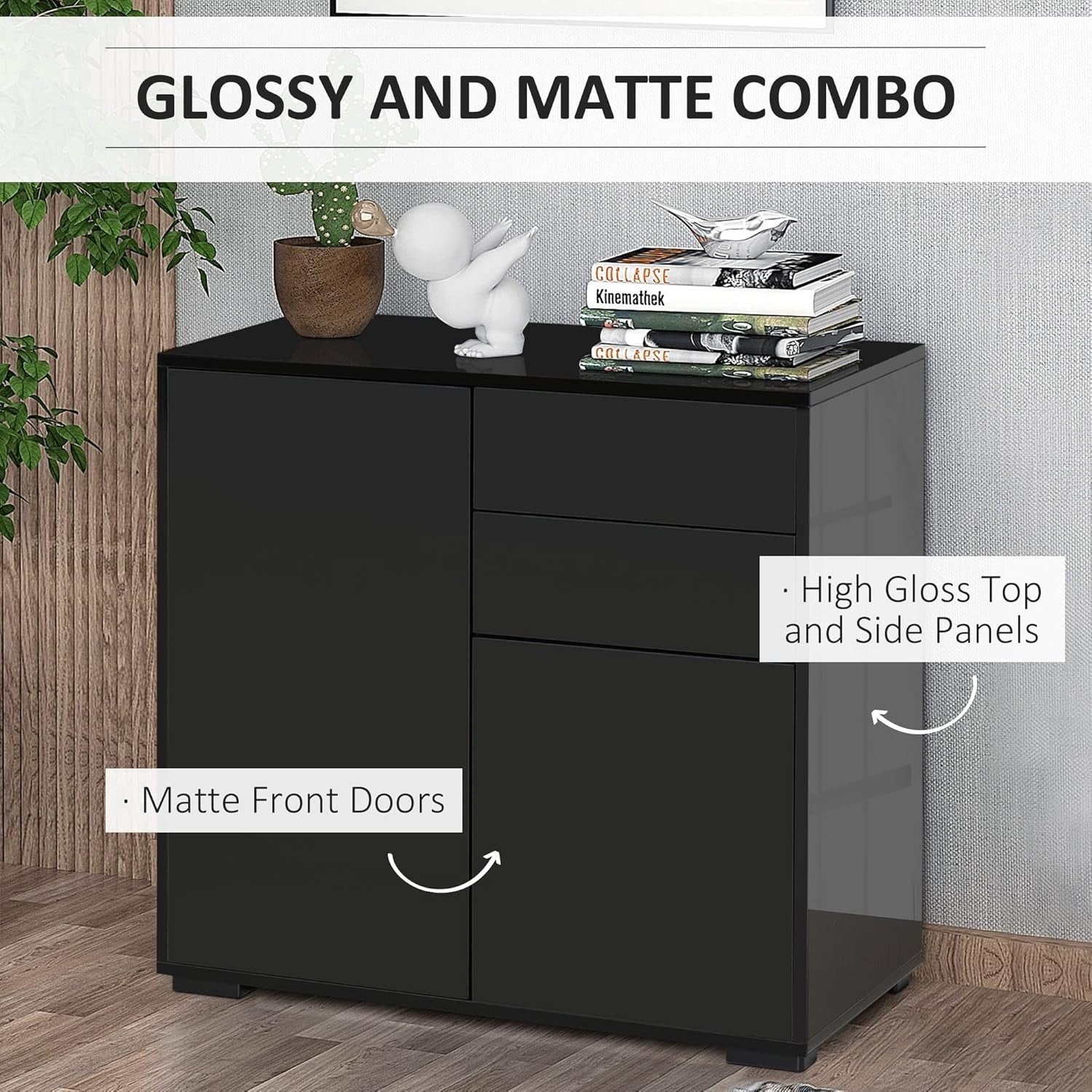 Black High Gloss Sideboard Cabinet 2 Doors 2 Drawers Push-Open Storage