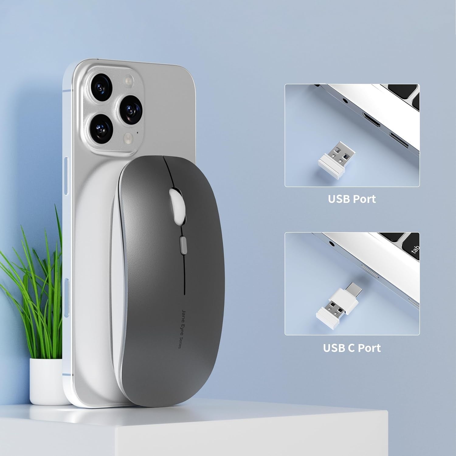 Slim Wireless Mouse Rechargeable Silent 2.4G 1600 DPI Grey