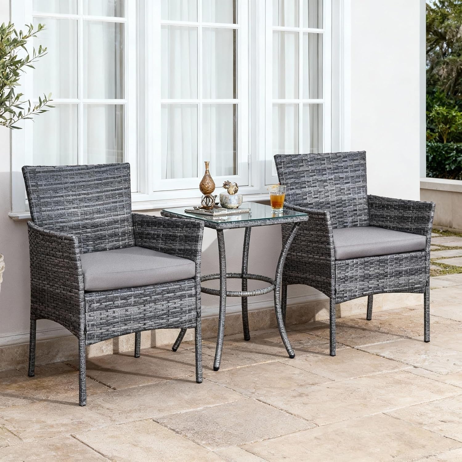 3pc Grey Rattan Bistro Set Balcony Garden Chairs Glass Table Patio Seating