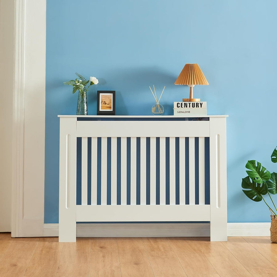 White Radiator Cover Medium 112cm Modern Slatted Wood Design Heating Cabinet