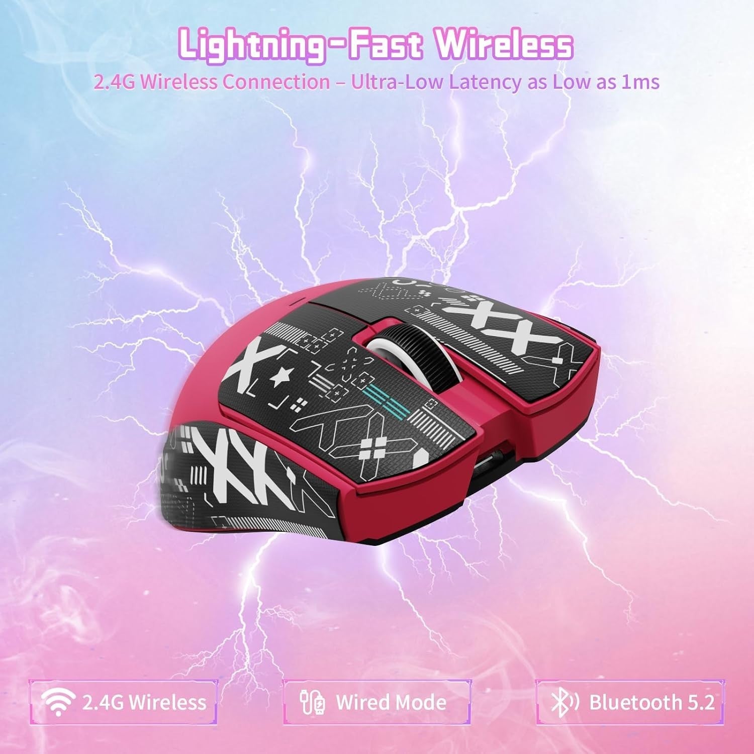 Lightweight Gaming Mouse 22K DPI 63g RGB Tri-Mode Pink