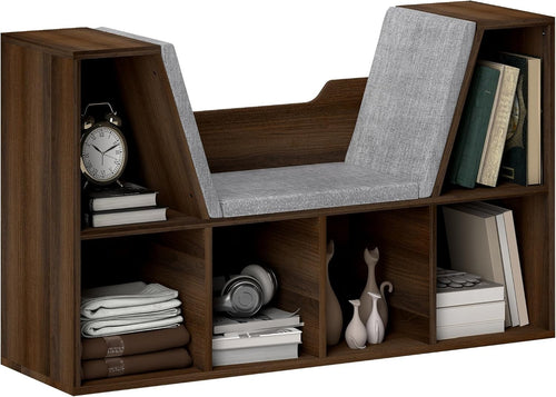 Bookcase with Cushioned Reading Seat 6 Cube Storage Bench Chestnut
