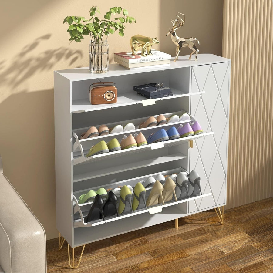 Narrow Shoe Cabinet 16 Pair Storage w/ Hidden Shelf & Boot Space – White