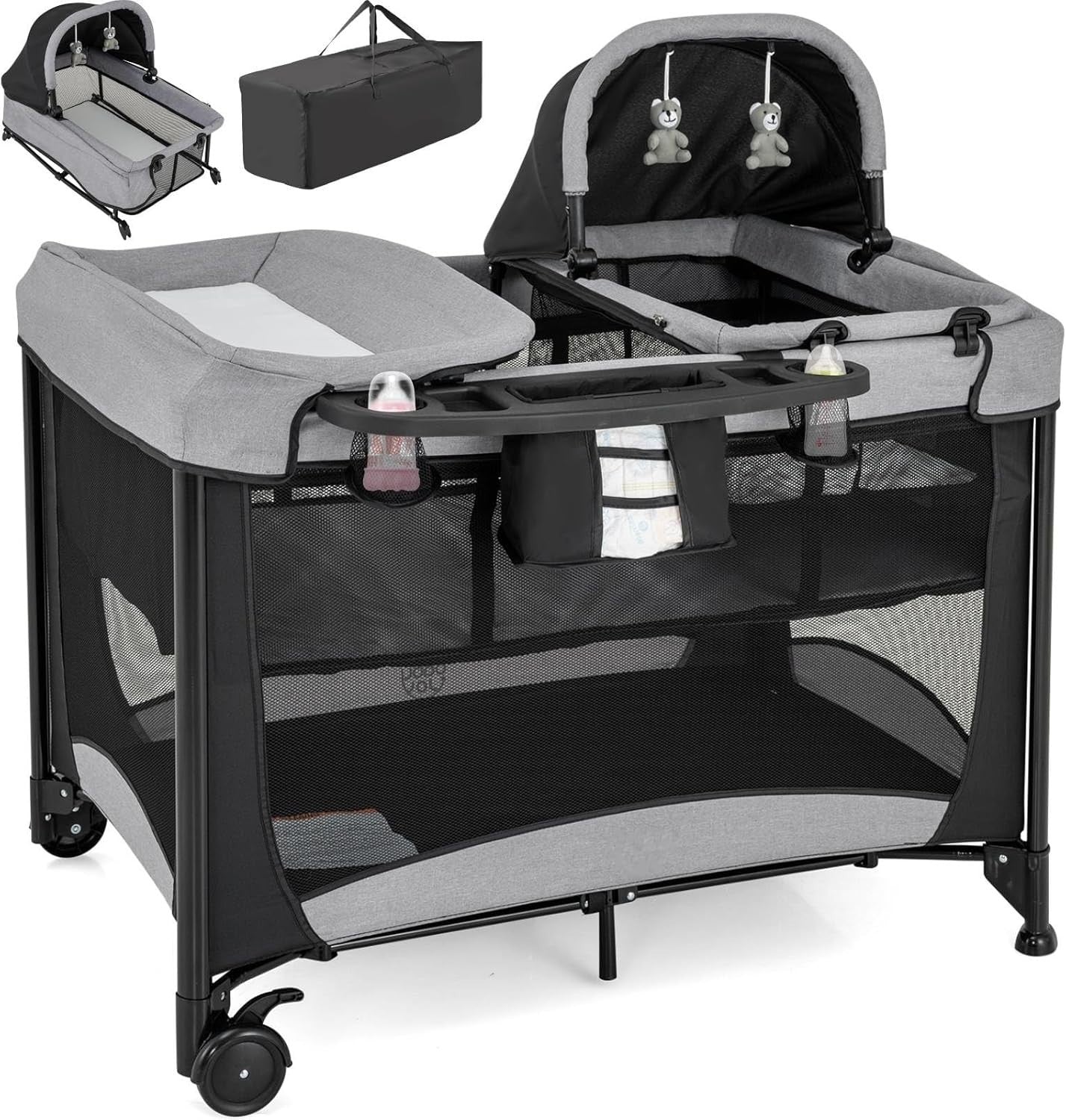 5in1 Baby Travel Cot Foldable Crib with Mattress, Changer & Storage Black