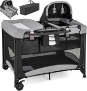 5in1 Baby Travel Cot Foldable Crib with Mattress, Changer & Storage Black