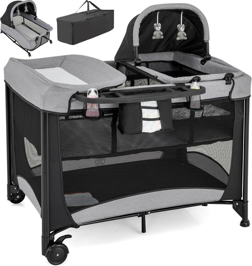 5in1 Baby Travel Cot Foldable Crib with Mattress, Changer & Storage Black