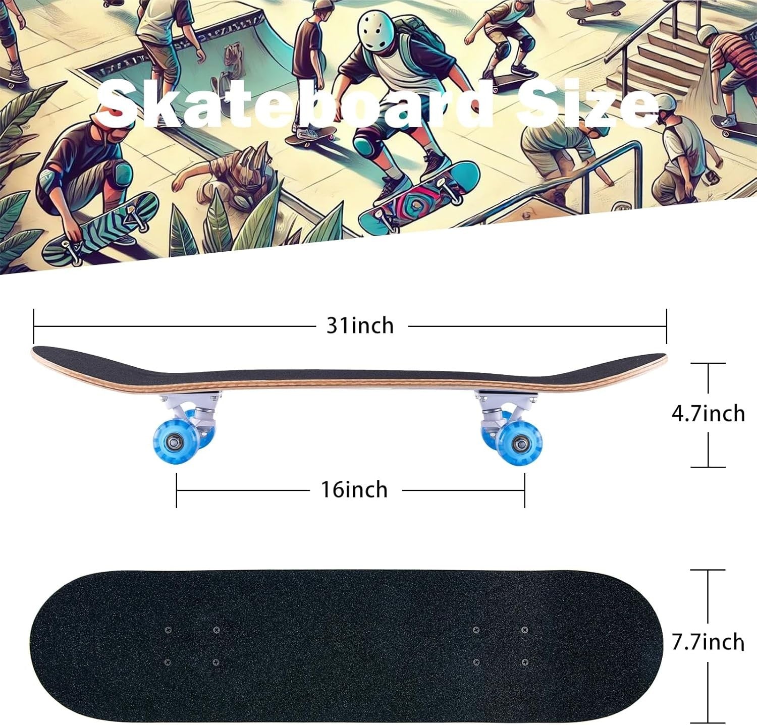 31in Complete Skateboard 8 Layer Maple Trick Deck Teens & Adults Blue