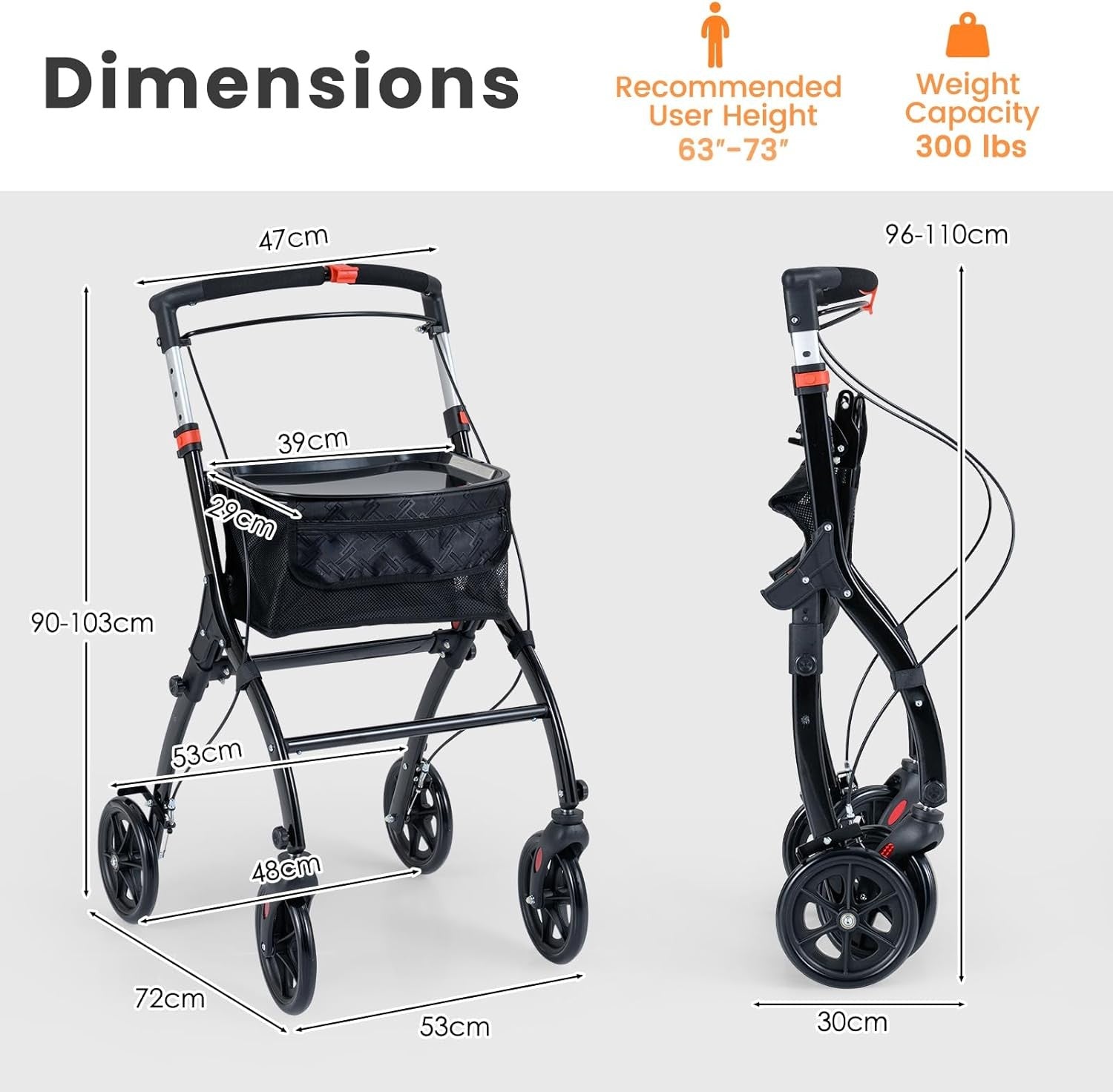 Lightweight Folding Rollator Walker 4 Wheel Basket Brakes Narrow Black