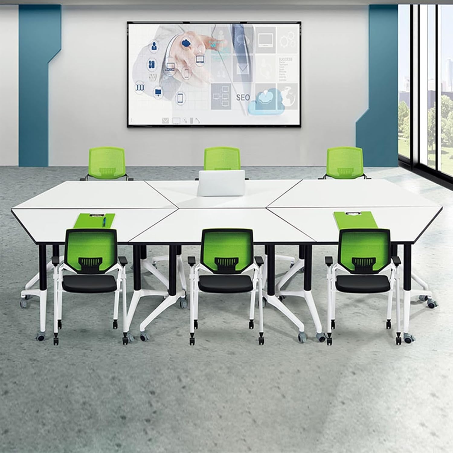 Flip-Top Folding Conference Table – Mobile Trapezoid Training Desk with Wheels