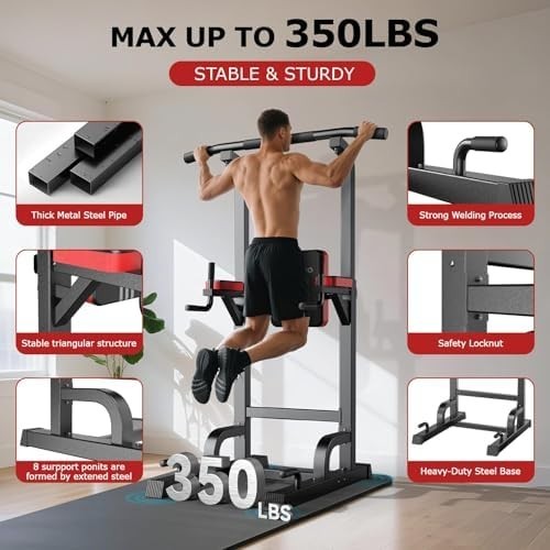 Black Power Tower Dip Station Pull-Up Bar Adjustable Home Gym