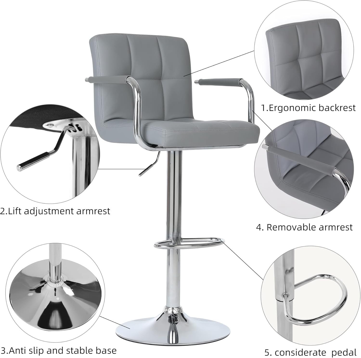 2PCS Silver Grey Adjustable Cuban Bar Stools PU Leather Arms