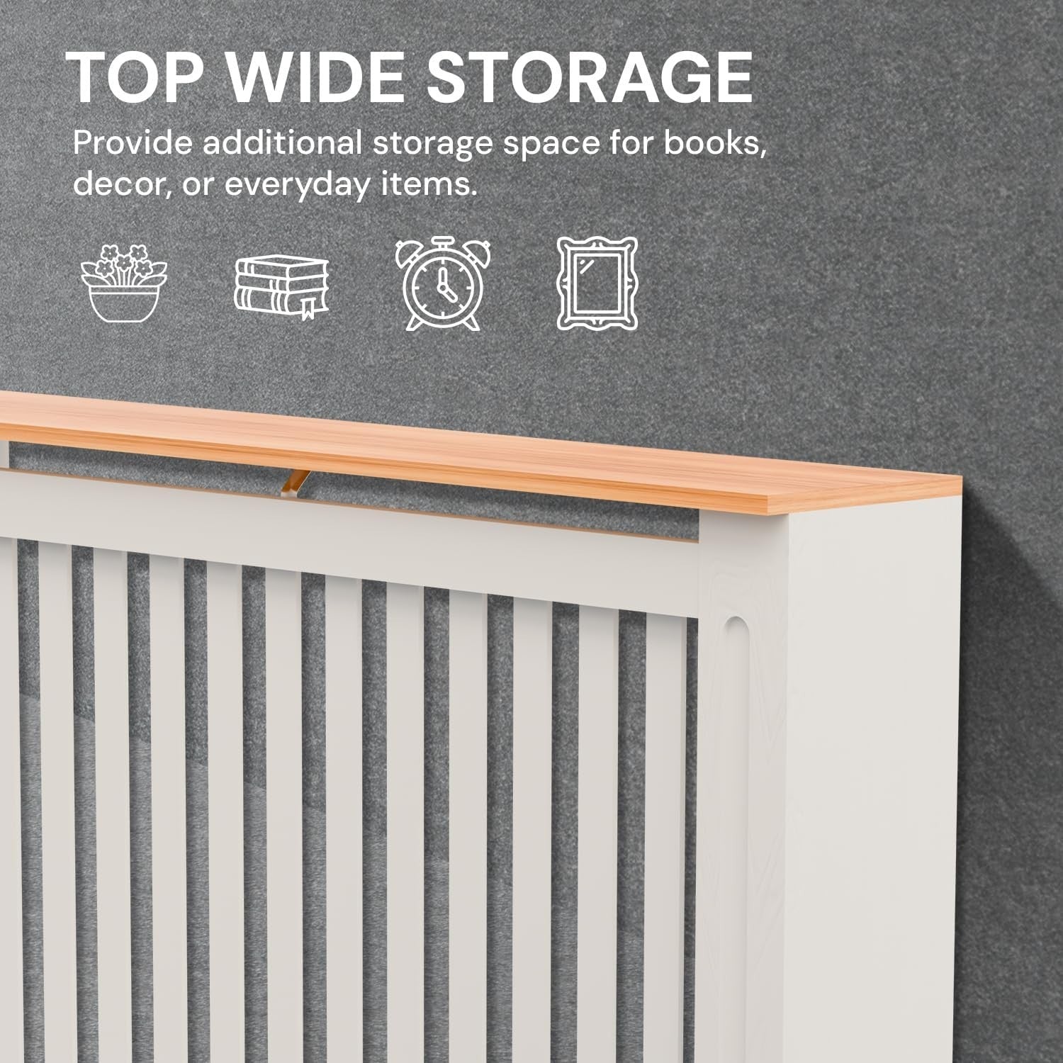 Medium Radiator Cover White MDF Classic Wood with Oak Top Shelf W111xH83cm