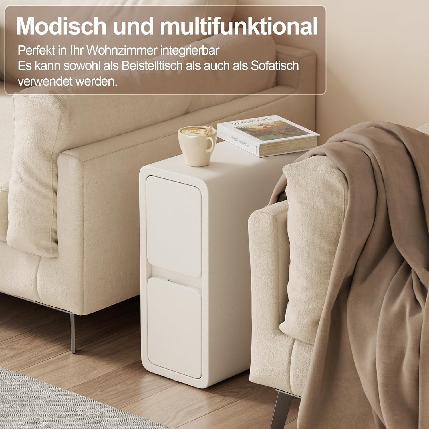 Slim White Bedside Table with 2 Drawers, Narrow Leather-Finish Nightstand