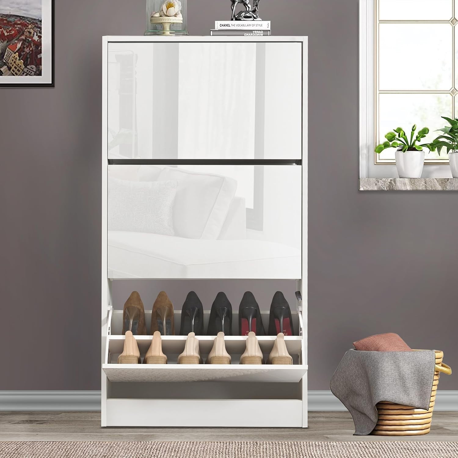 High Gloss 3 Drawer Shoe Cabinet Slim Space-Saving Storage Organizer