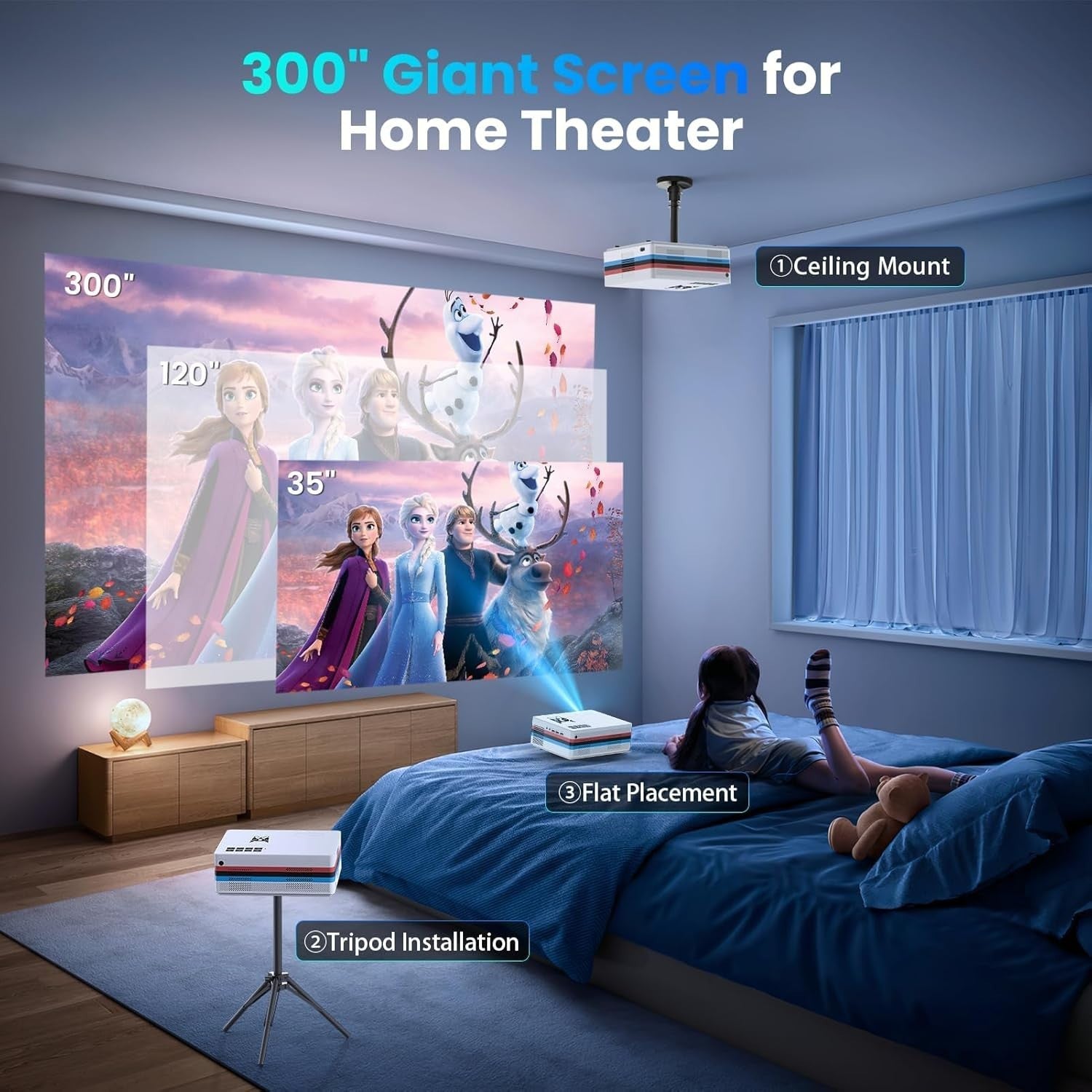 Smart 1080P Projector 25000 Lumens WiFi Bluetooth 4K Apps