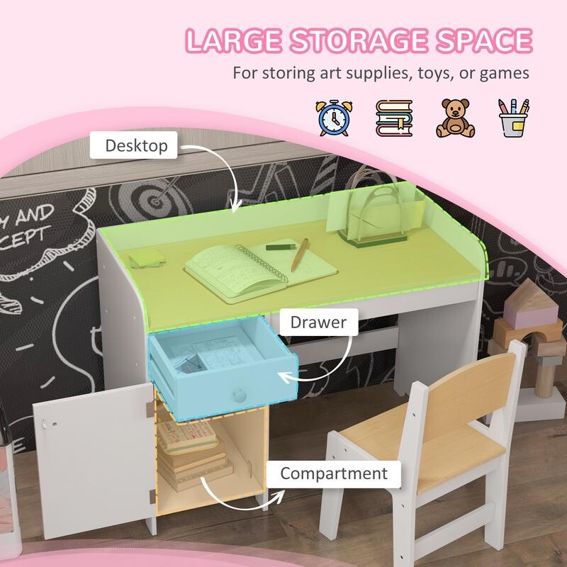 Kids Desk & Chair Set w/ Drawer Storage 3–6 Yr Study Table Toddler White