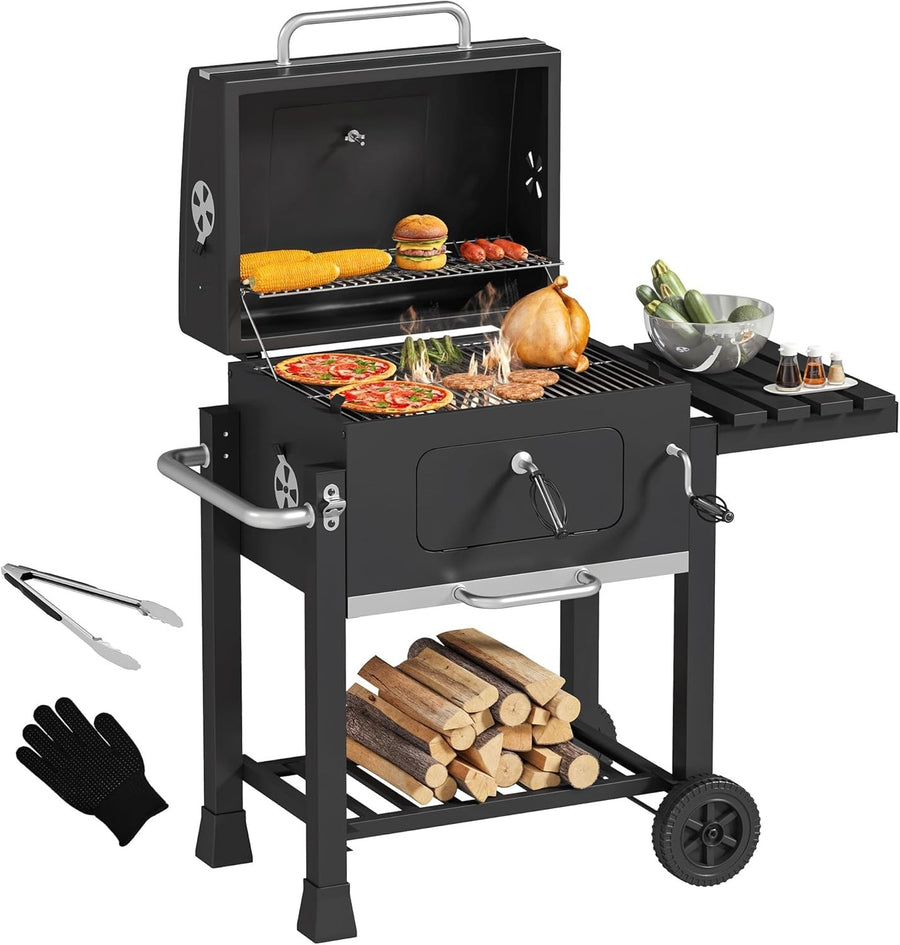 XL Charcoal BBQ Grill with Thermometer & Side Table | Outdoor Smoker