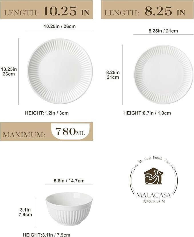 18 Piece White Porcelain Dinner Set for 6 Embossed Plates Bowls Tableware