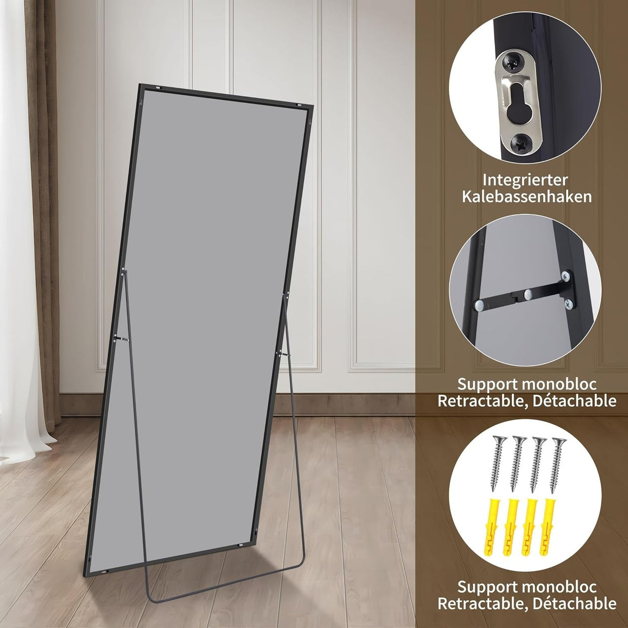 Full Length Wall Mirror 165x60cm Slim Frame Free Standing Stylish - Kwikley