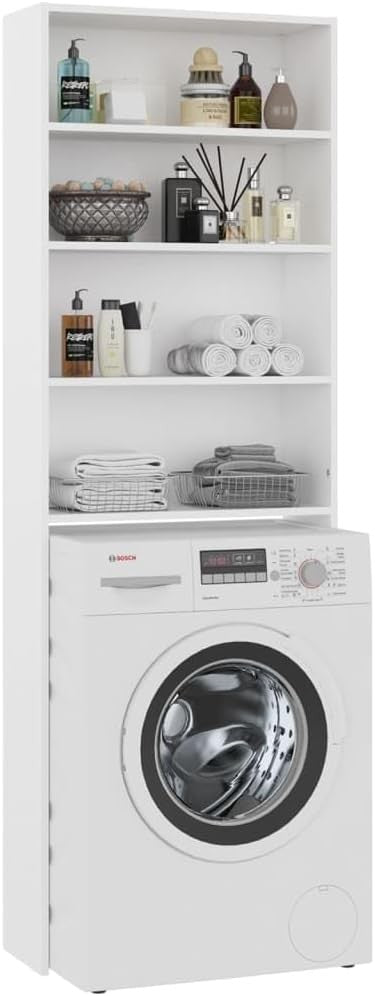 White Washing Machine Storage Rack Cabinet – Tall Laundry Shelf Unit 190cm