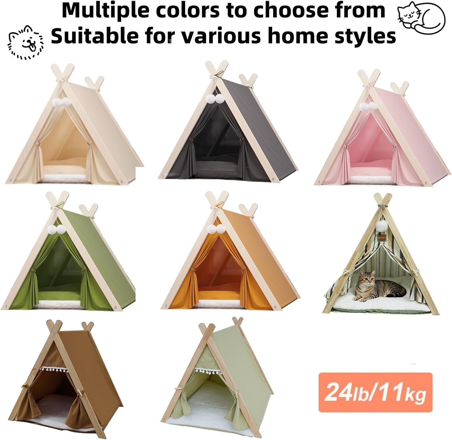 Wooden Pet Teepee Tent Cat Dog House w Cushion Indoor Shelter Yellow