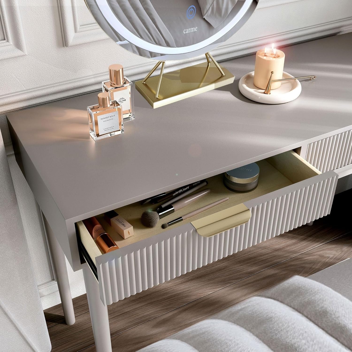 Modern Console Dressing Table Gold Legs 2 Drawer Mocha Marble Effect Finish