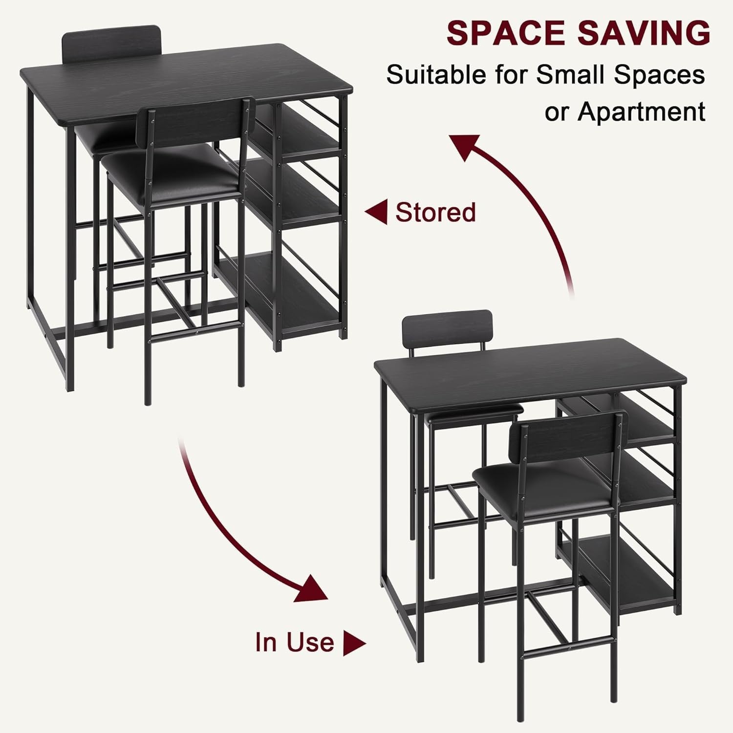 Bar Table Black 3-Piece Set with Shelves and 2 Stools Space-Saving Dining Set