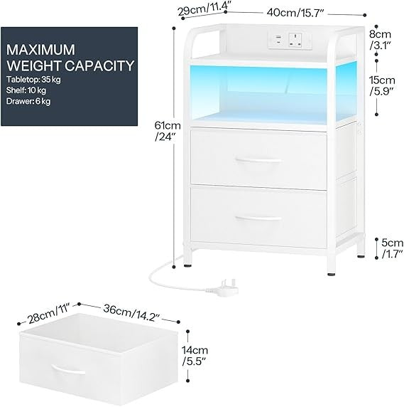 White LED Bedside Table with Charging Station 2 Drawers Modern Nightstand