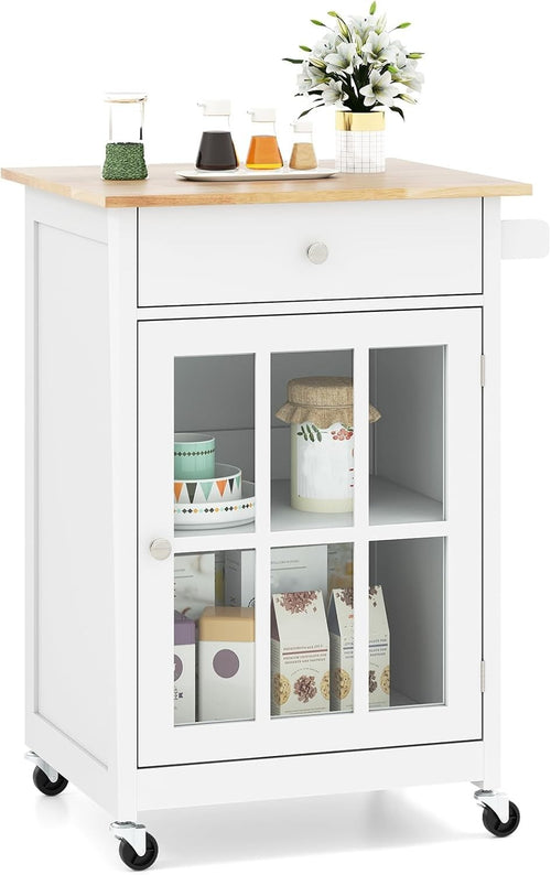 Kitchen Island on Wheels Rubber Wood Top Cabinet