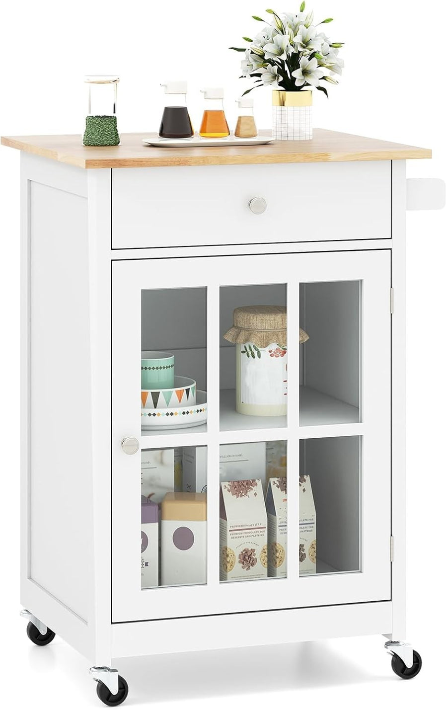 Kitchen Island on Wheels Rubber Wood Top Cabinet