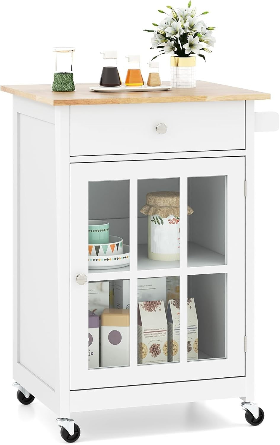 Kitchen Island on Wheels Rubber Wood Top Cabinet