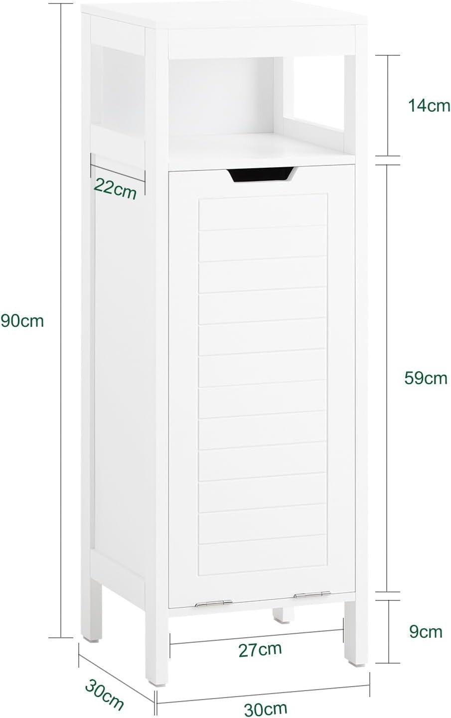 Slim Bathroom Laundry Cabinet 90cm Tall with Flip-Out Hamper & Storage Shelf