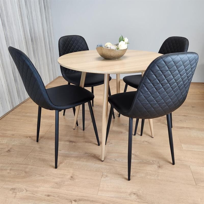 Round Oak Dining Table Set with 4 Quilted Chairs Kitchen Room Modern