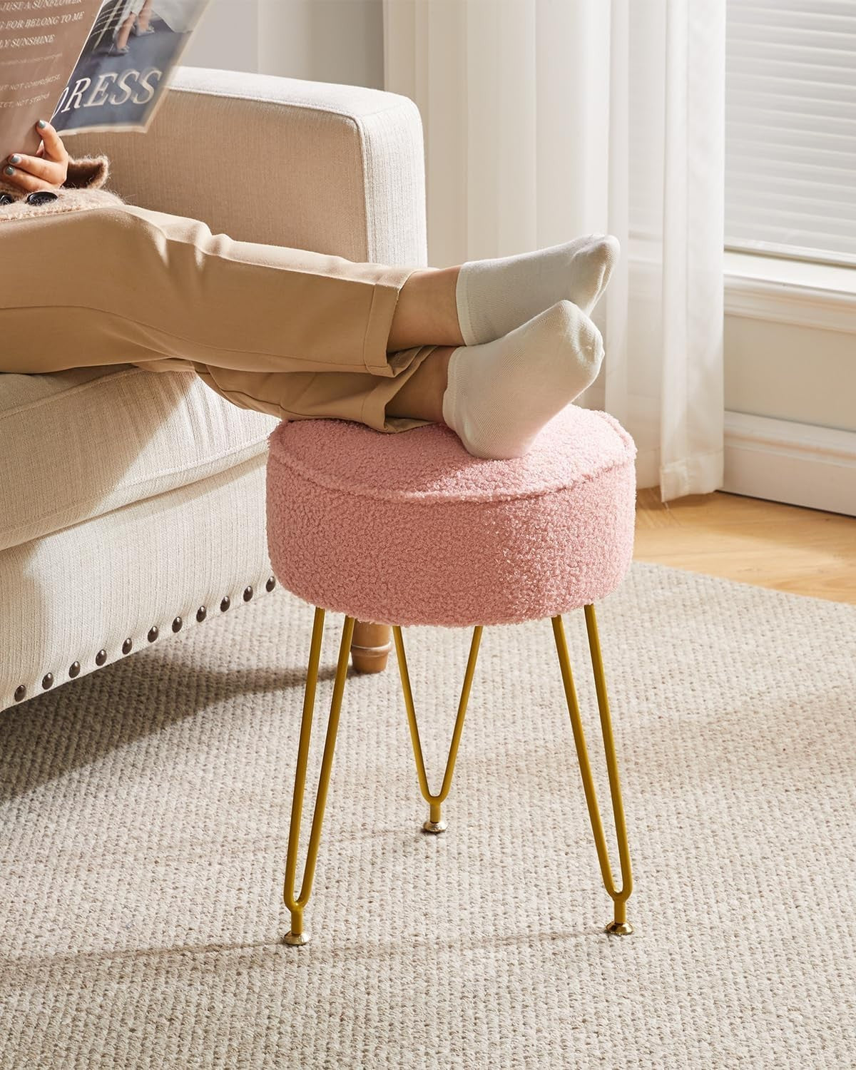 Velvet Round Footrest Ottoman – Cream White Vanity Stool with Steel Legs
