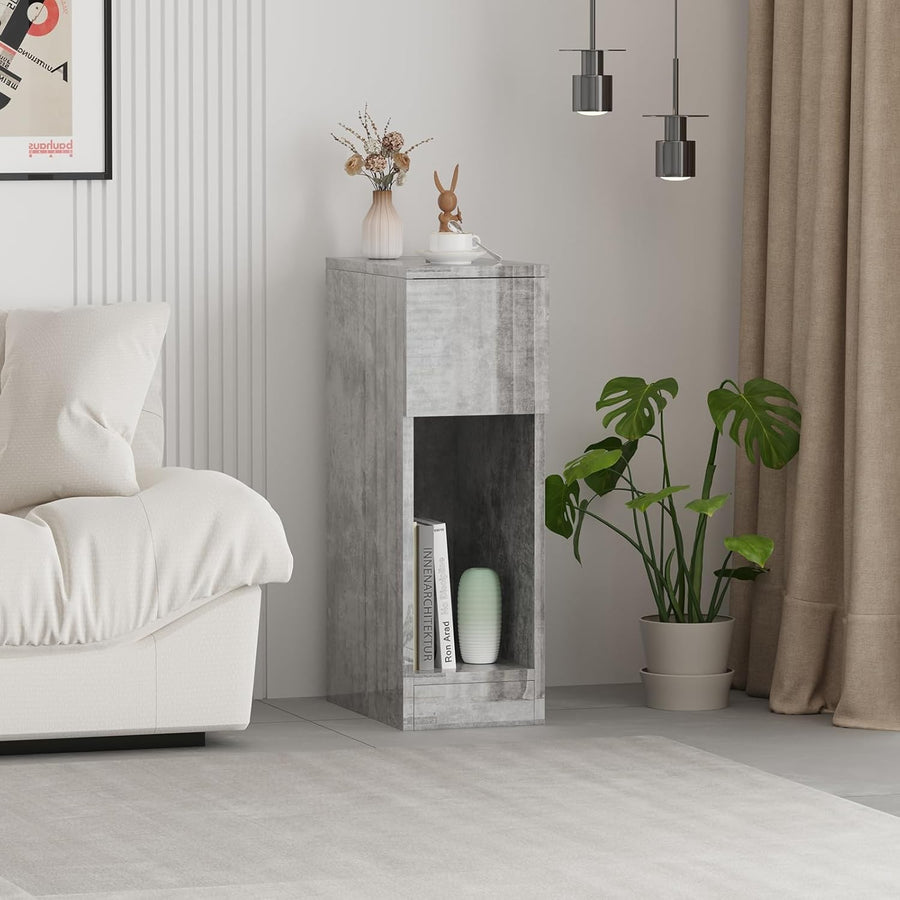 Grey Marble Slim Bedside Table with Drawer & Shelf, Modern Narrow Nightstand