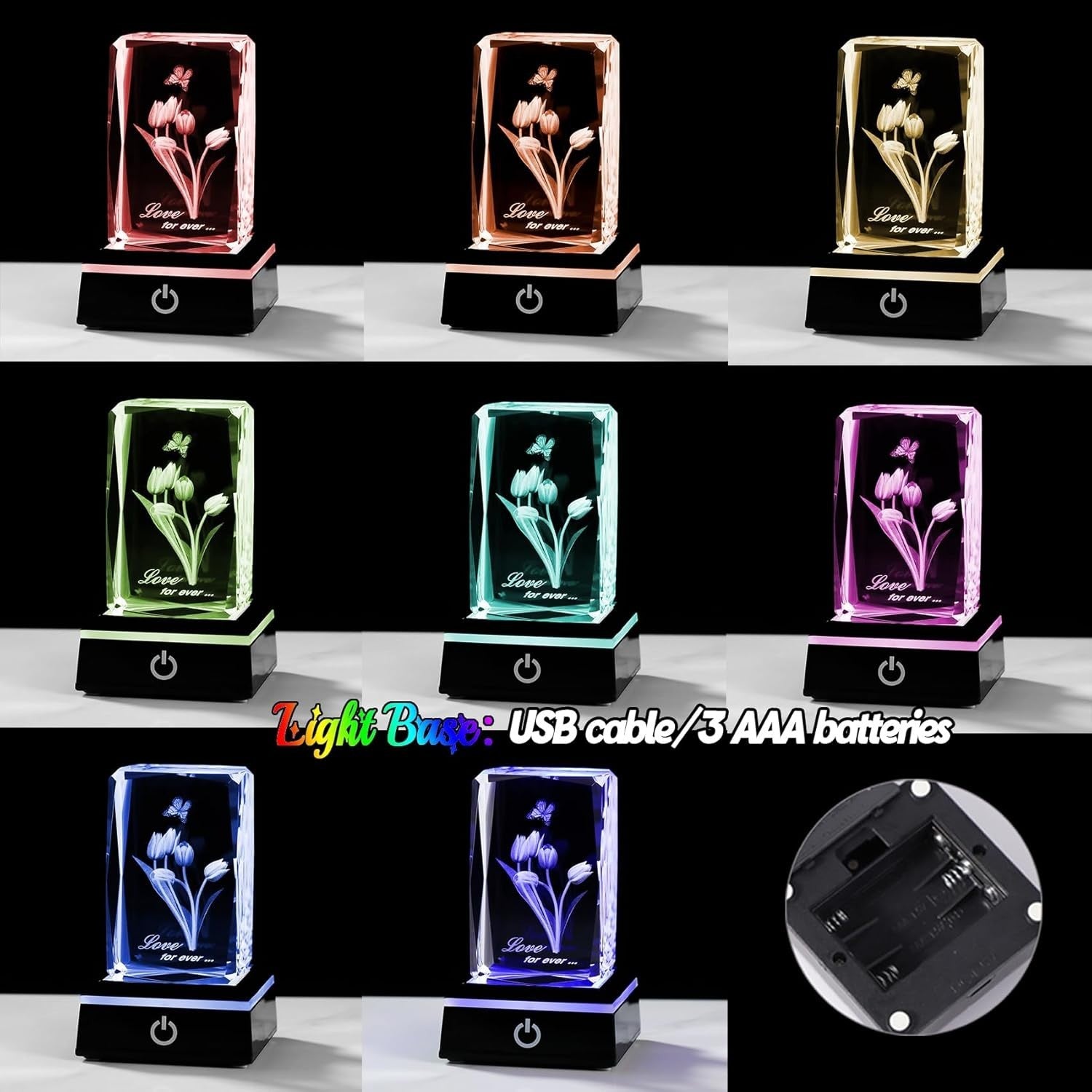 3D Crystal Tulip With Butterfly LED Light Base Gift Ornament For Women/Mum