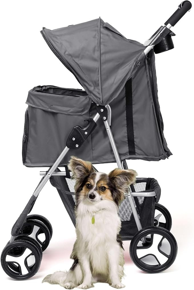 Grey Foldable Dog Stroller with Rain Cover Pet Pushchair for Small Medium Dogs