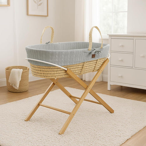 Grey Knitted Moses Basket with Rocking Folding Stand & Mattress Baby Bed Crib
