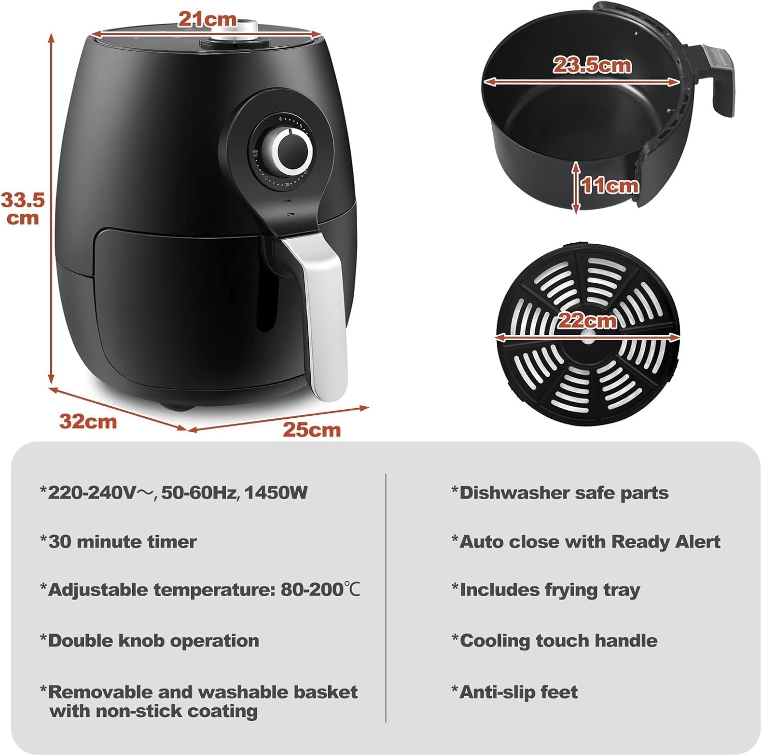 5L Air Fryer 1450W Dual Knob 30 Min Timer Rapid Air Easy Clean