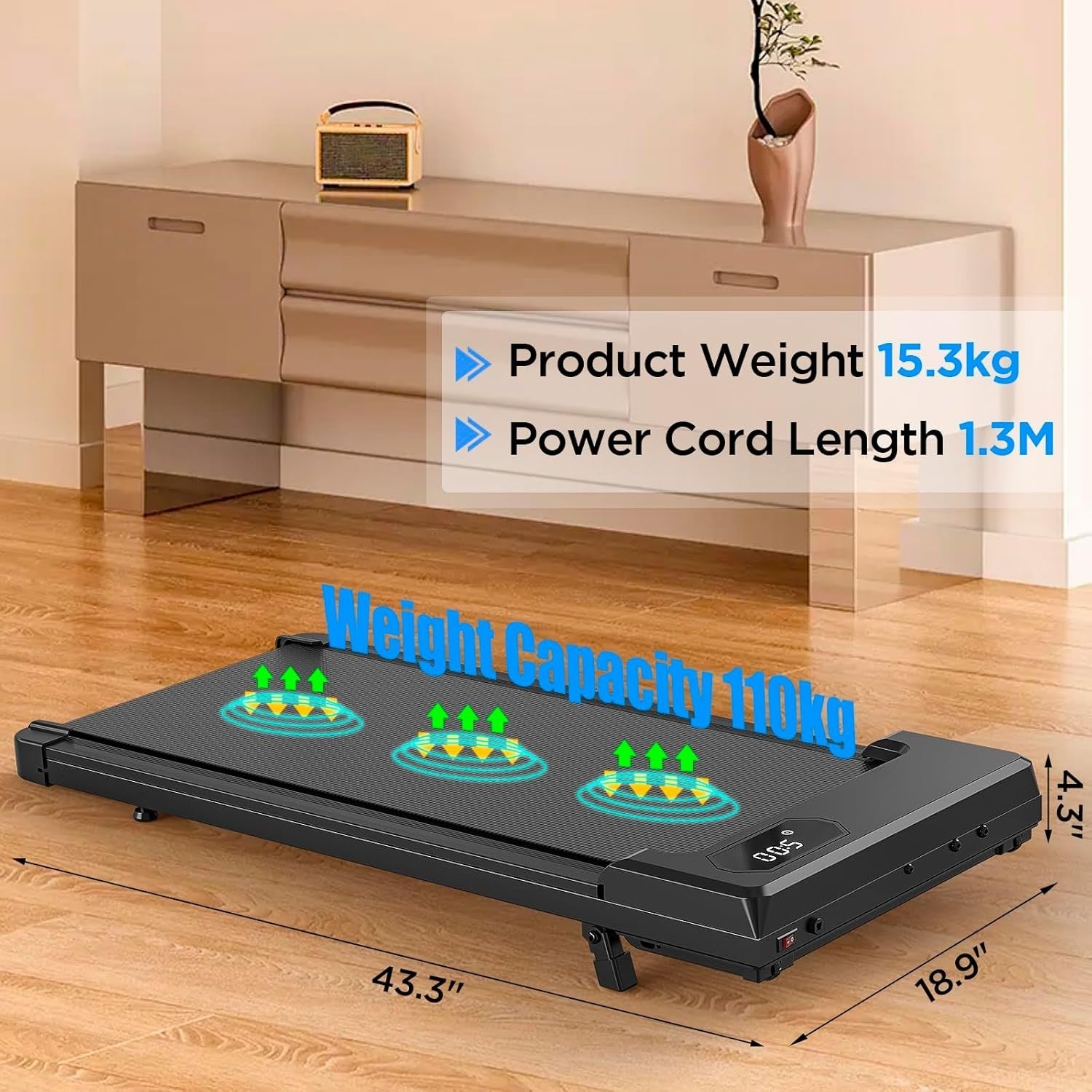 Under Desk Treadmill 5% Incline Portable Walking Pad Home Office LED Display