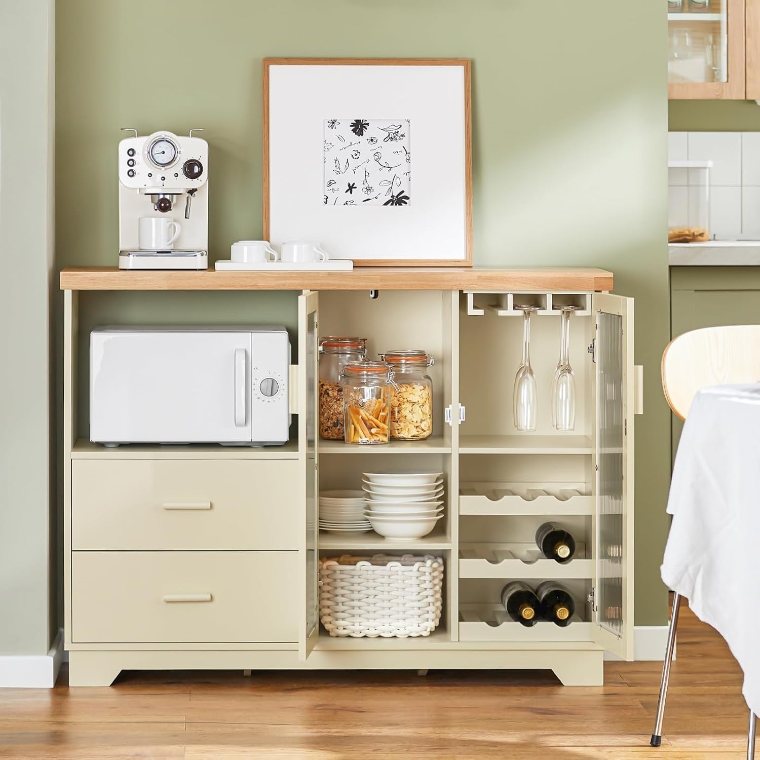 Kitchen Sideboard Cabinet with Microwave Shelf & Wine Rack Beige 120x40cm