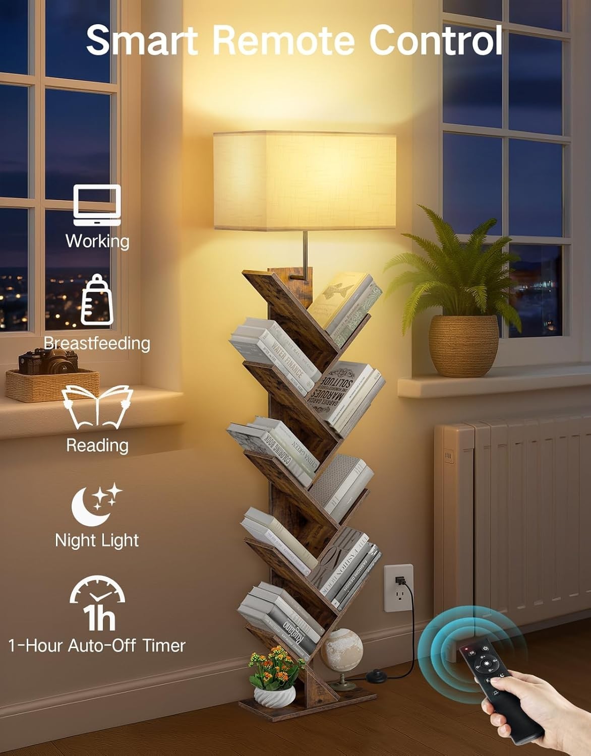 9 Tier Tree Bookshelf with LED Lamp Remote Rustic Brown Tall Narrow Shelf