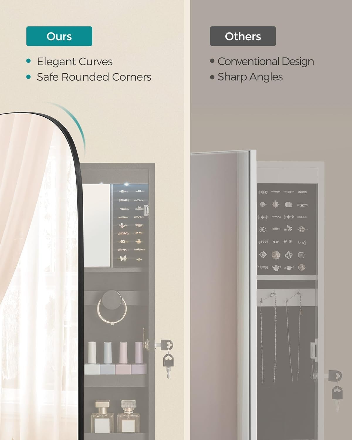 Black LED Wall Mounted Jewelry Cabinet Mirror Lockable Wide Storage