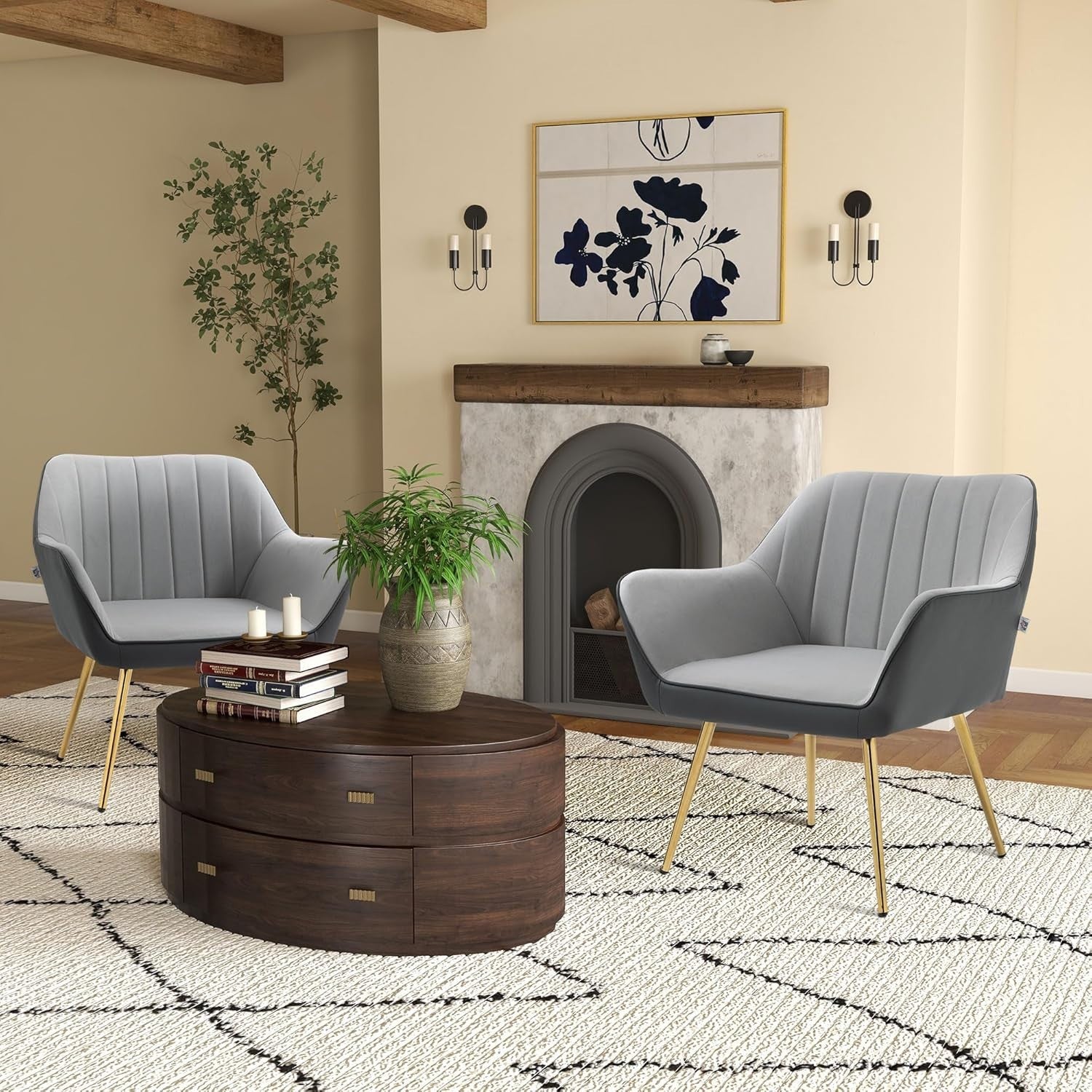 Set of 2 Light Grey Velvet Armchairs Gold Steel Legs Modern Accent Chairs