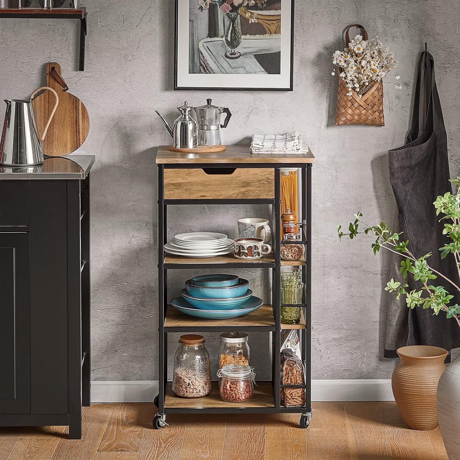 Industrial Kitchen Trolley on Wheels with Drawer 3 Shelves Storage Cart